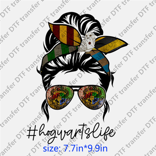 Hogwarts life headband glasses messy bun DTF transfer MB.042