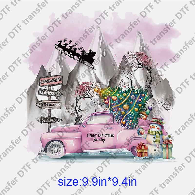 Christmas Mountain Pink Car DTF transfer XMAS.066