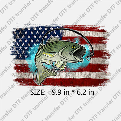 Stars-and-Stripes Flag with big fish and fishhook Independence Day DTF Transfers IDPDD.029