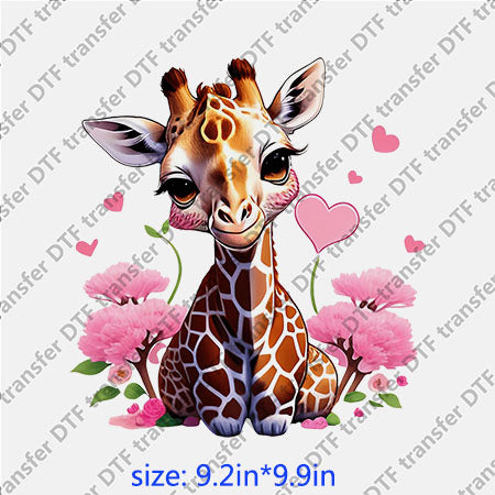 Giraffe red heart pink flowers animal DTF transfer ANM.095