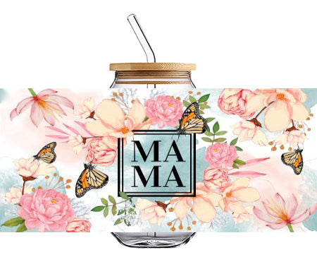 MAMA Flower with Butterfly 16 OZ Glass Cup UV DTF Wraps UV-031
