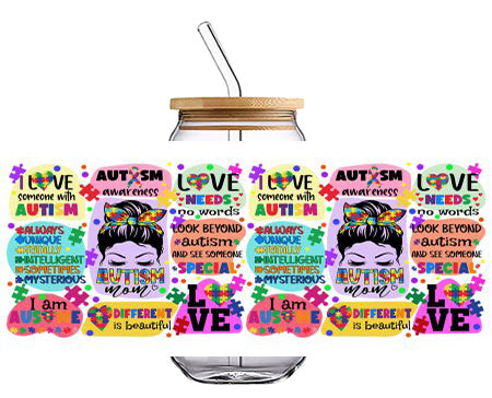 AUTISM MOM 16 OZ Glass Cup UV DTF Wraps UV-198