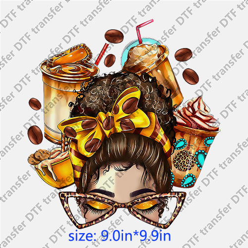 Coffee beans headband glasses messy bun DTF transfer MB.043