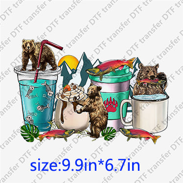 Bear cups milkshake fish mountain Animal DTF transfer ANM.086-