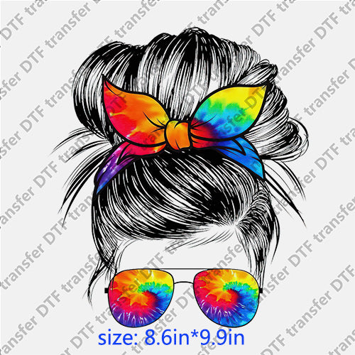 Colorful glasses messy bun DTF transfer MB.037