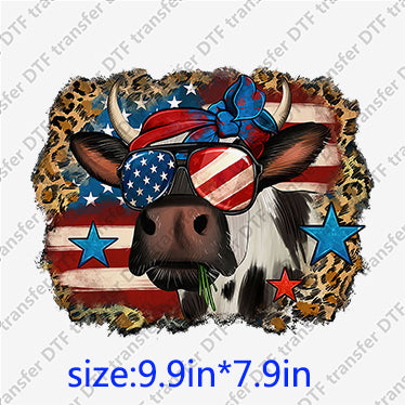 USA independent day cow with bow glasses flag Animal DTF transfer ANM.041