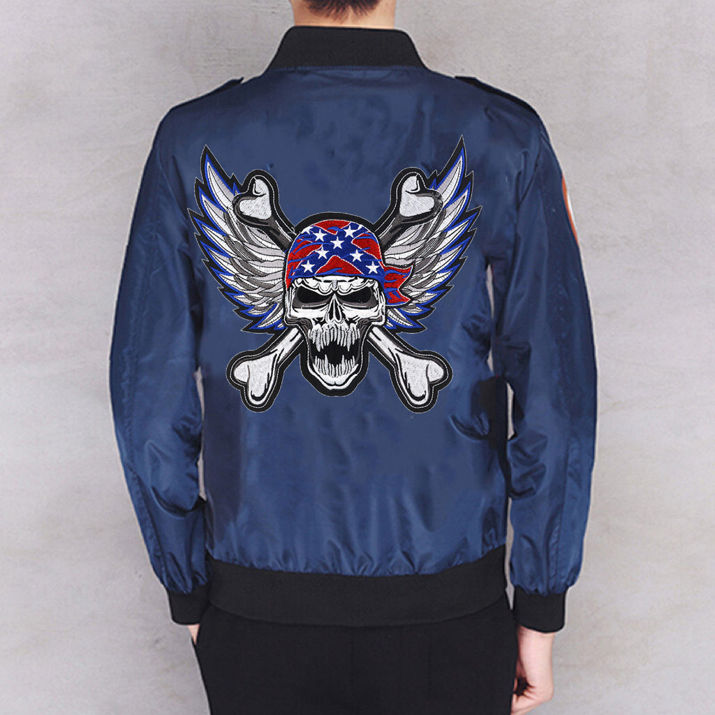 Winged skull head with Southern bandana flag biker patch