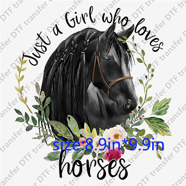 Just a girl who loves horses black flowers Animal DTF transfers ANM.026