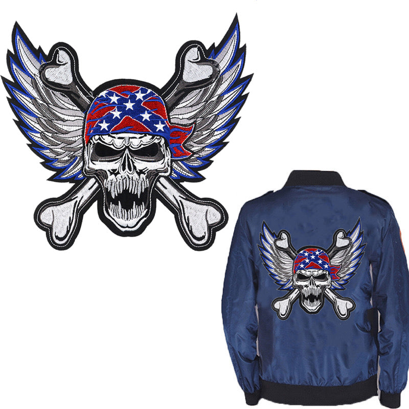 Winged skull head with Southern bandana flag biker patch