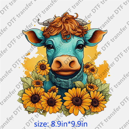 Sunflowers and blue cow animal DTF transfer ANM.093