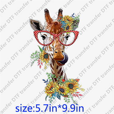 Giraffe with glasses sunflowers wreath  Animal DTF transfer ANM.089-