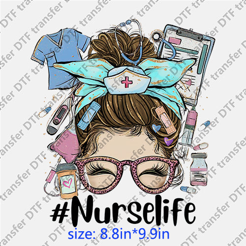 Nurse life headband glasses messy bun DTF transfer MB.058