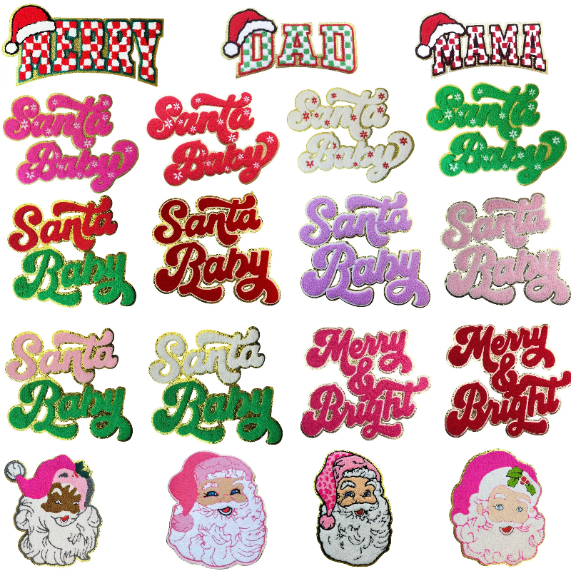 Christmas Santa/ Christmas MAMA DAD / Santa Baby / Merry Bright / Chenille Iron-on Patches