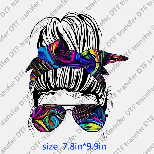 Colorful headband glasses messy bun DTF transfer MB.045