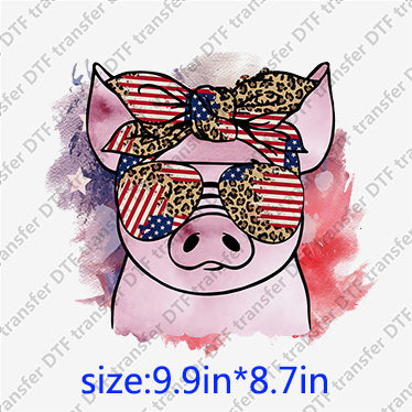 USA independent day pig with bow glasses leopard flag Animal DTF transfer ANM.039