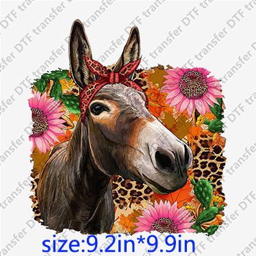 Horse donkey with bow leopard flowers Animal DTF transfers ANM.029