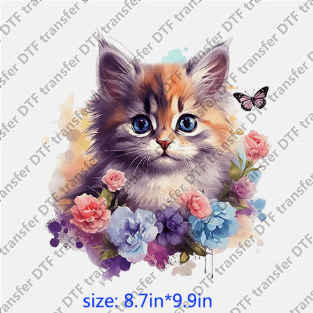 Cat blue eyes flowers and butterflies animal DTF transfer ANM.101