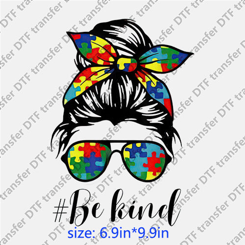 be kind puzzel messybun girl headband glasses messy bun DTF transfer MB.036