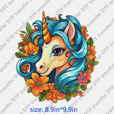 Unicorn with beautiful flowers and blue hair DTF transfer ANM.096