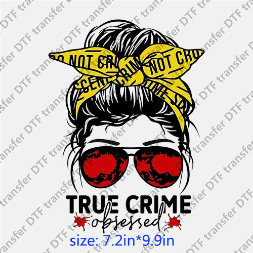 True crime obsesed headband glasses messy bun DTF transfer MB.059