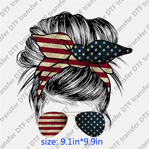 USA flag headband glasses messy bun DTF transfer MB.049