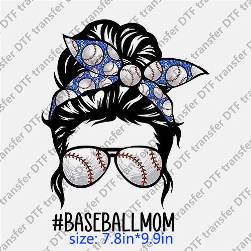 Baseball mom messybun girl headband glasses messy bun DTF transfer MB.033