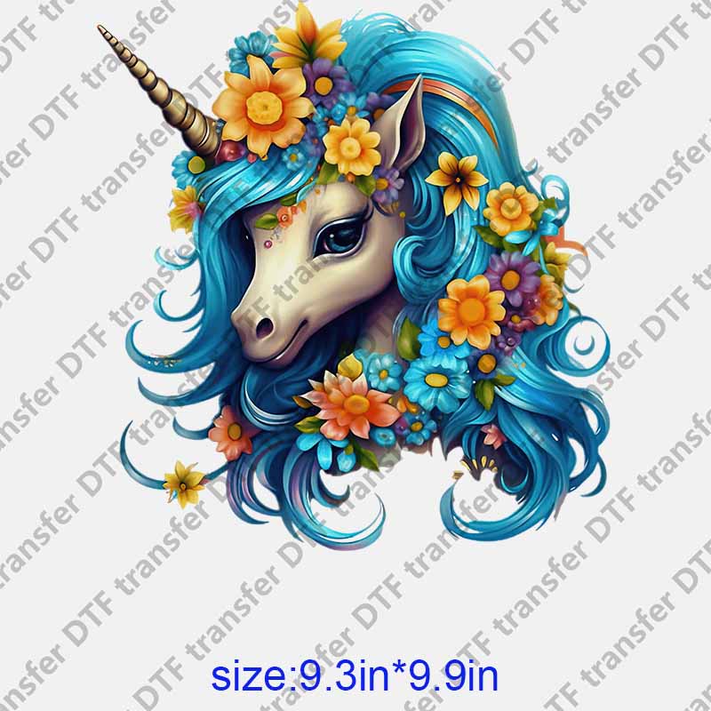 Unicorn blue hair flowers DTF transfer NO.1080