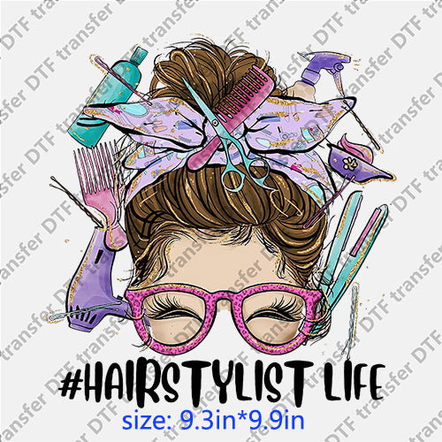 Hairstylist life headband glasses messy bun DTF transfer MB.040