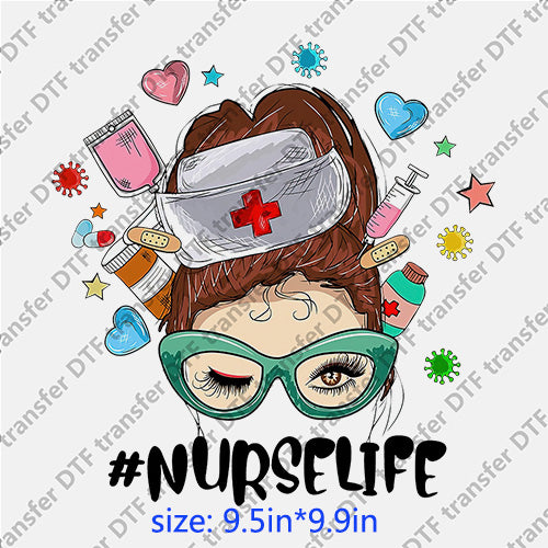 Nurse life star heart headband glasses messy bun DTF transfer MB.057