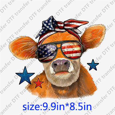 USA independent day heifer with bow glasses star flag Animal DTF transfer ANM.038