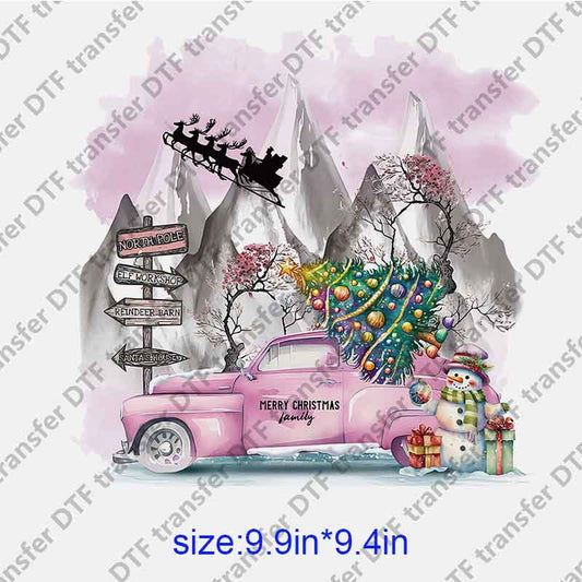 Christmas Mountain Pink Car  DTF transfer XMAS.066