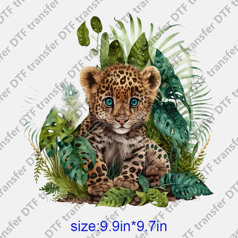 Animal little leopard green leaves watercolor DTF transfer NO.1186