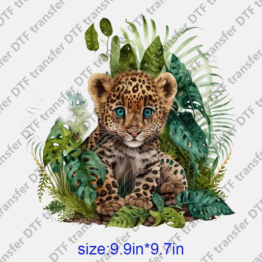 Animal little leopard green leaves watercolor DTF transfer NO.1186