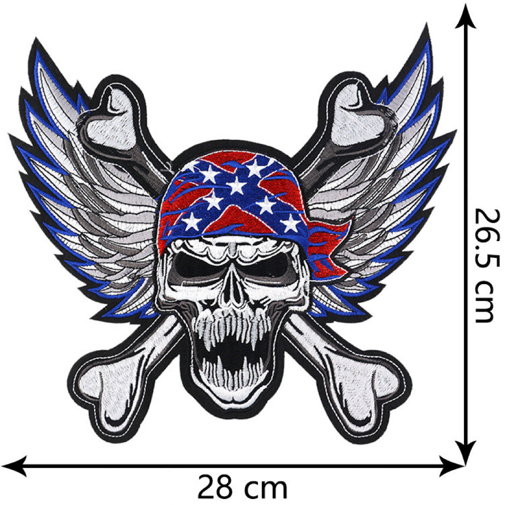 Winged skull head with Southern bandana flag biker patch