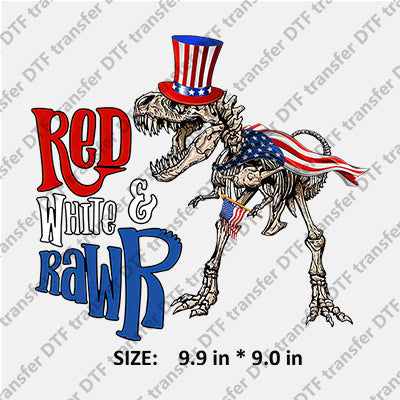 Dinosaur-skeleton with Hat RED WHITE RAWR Independence Day DTF Transfers IDPDD.007