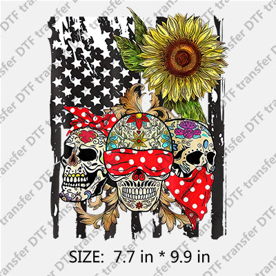 3 Skulls Black White Stars-and-Stripes and Sunflower Independence Day DTF Transfers IDPDD.023