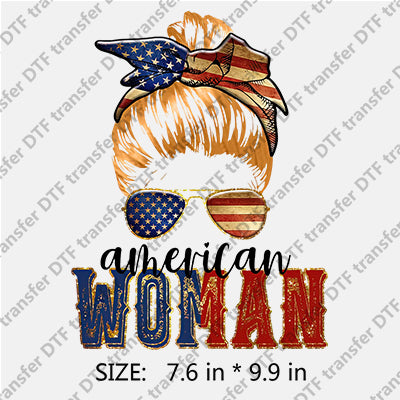 Messy Bun American WOMAN with Stars-and-Stripes Independence Day DTF Transfers IDPDD.035