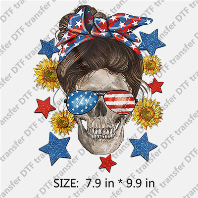 Messy Bun Skull with Stars-and-Stripes Sunglasses Independence Day DTF Transfers IDPDD.036