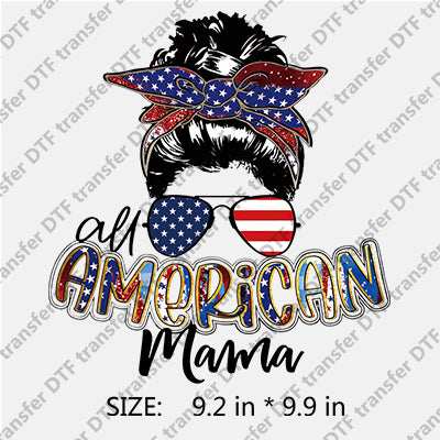 Messy Bun Stars-and-Stripes AMERICAN MAMA Independence Day DTF Transfers IDPDD.045