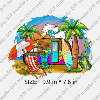 Vacation Trailer with Palm-tree Surfboard Beach Chair Summer DTF Transfers SMM.039