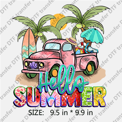 Hello SUMMER Pink Truck with Palm-tree Surfboard Summer DTF Transfers SMM.040