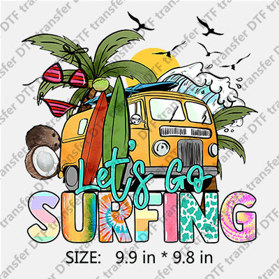 Yellow Bus Let's GO SURFING with Palm-tree Surfboard Summer DTF Transfers SMM.041