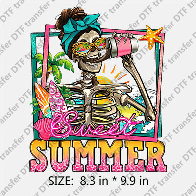 Sweet SUMMER Messy Bun Skull with Palm-tree Surfboard Summer DTF Transfers SMM.043