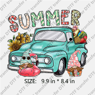 Colorful SUMMER Blue Truck with Flower Dwarf Summer DTF Transfers SMM.048