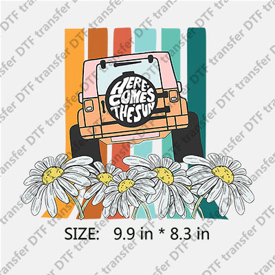 HERE COMES THE SUN Jeep with White Daisy Summer DTF Transfers SMM.057