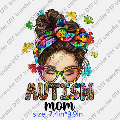 Autism mom puzzel messybun girl headband glasses messy bun DTF transfer MB.032