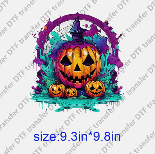 Pumpkin Halloween purple and green background DTF transfer NO.1065