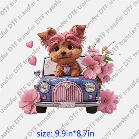 Teddy dog sit in the car pink flowers animal DTF transfer ANM.108