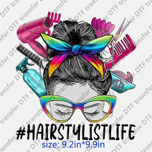 Hairstylis tlife  headband glasses messy bun DTF transfer MB.041