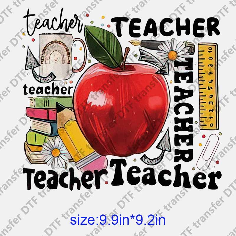 Letters TEACHER apple pencil ruler and books  DTF transfer NO.1238